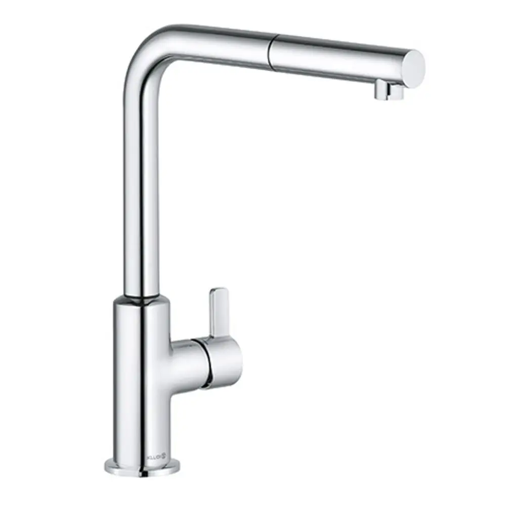 Kludi-Wasserhahn mit herausziehbarem Auslauf und kurzem Hebel in chromfarbener Ausführung. Der Wasserhahn hat eine moderne, funktionale Form.